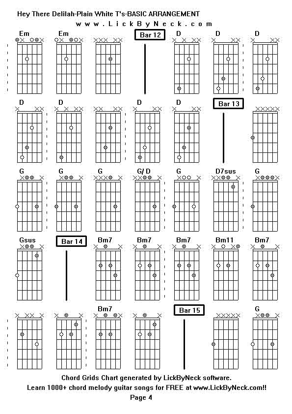 Chord Grids Chart of chord melody fingerstyle guitar song-Hey There Delilah-Plain White T's-BASIC ARRANGEMENT,generated by LickByNeck software.